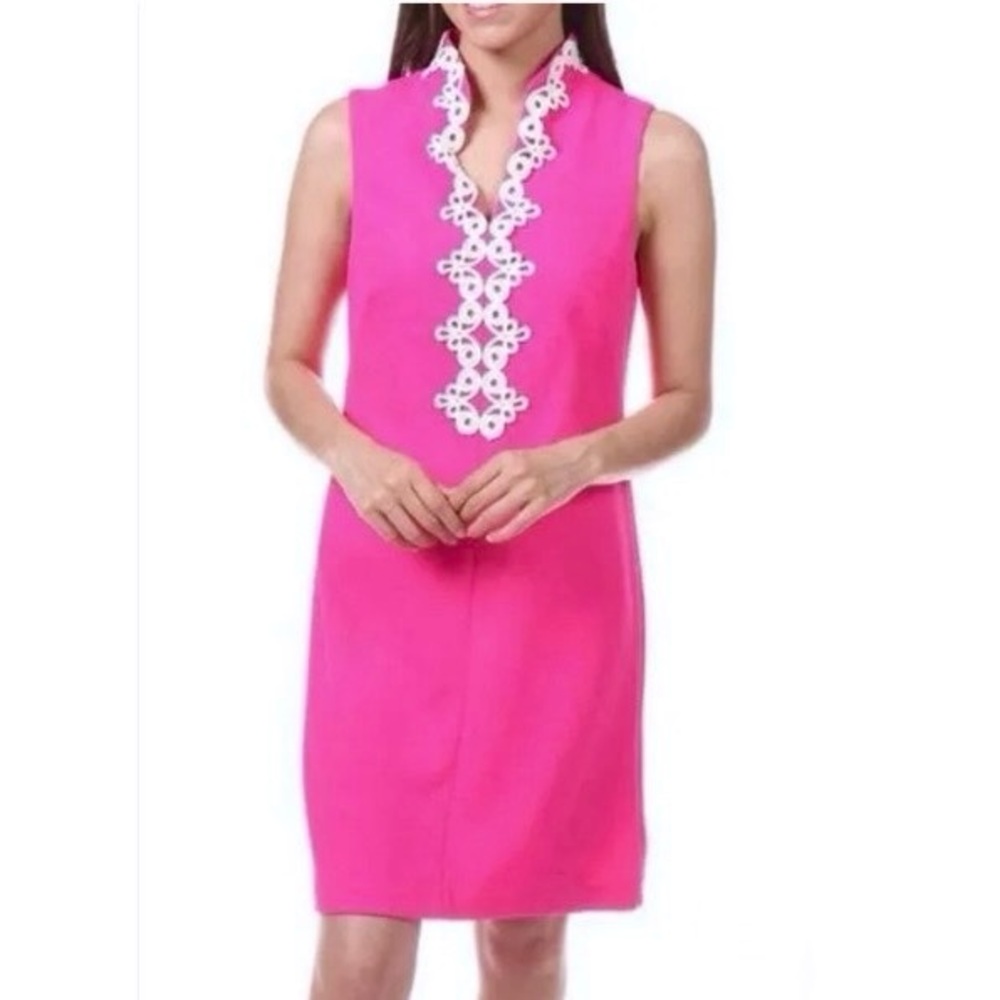 Vince Camuto Hot Pink Sleeveless Mini Dress with White Lace Trim